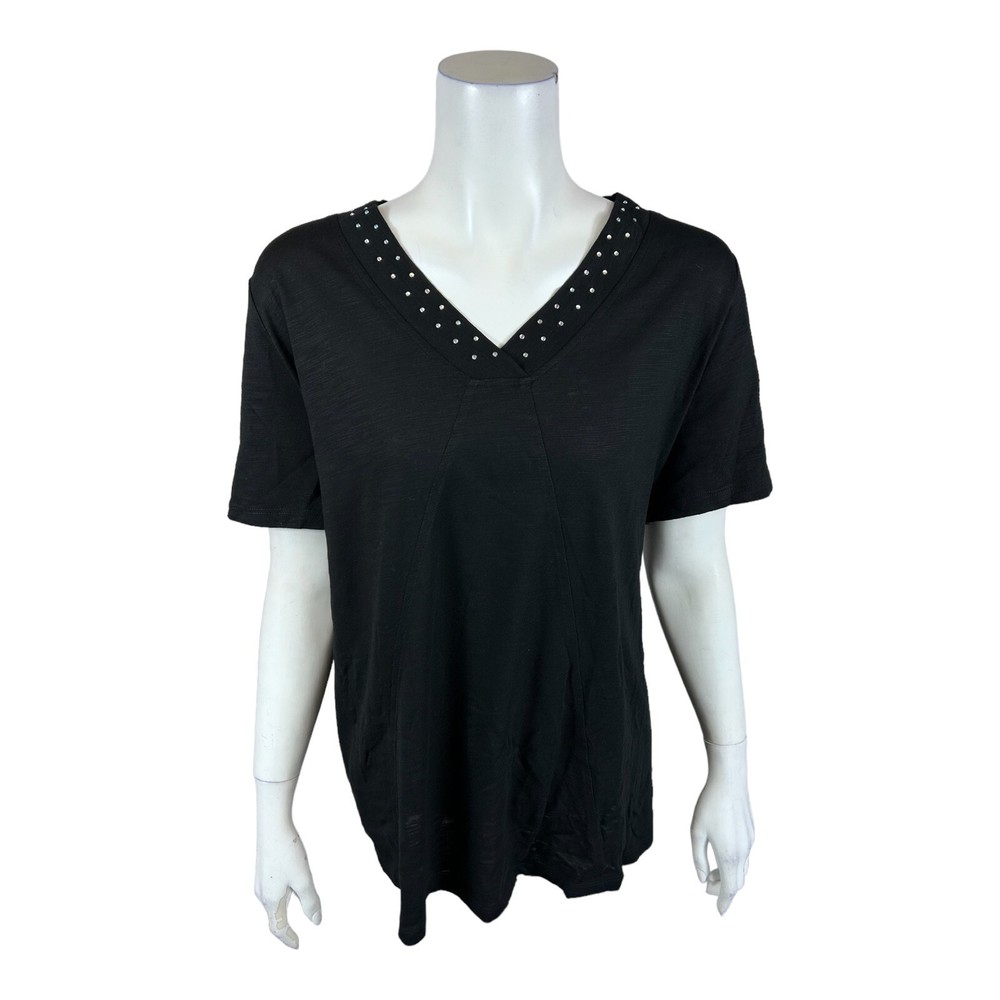 Quacker Factory Rhinestuds Embellished Short Sleeve Swing Top Black X-Large Size